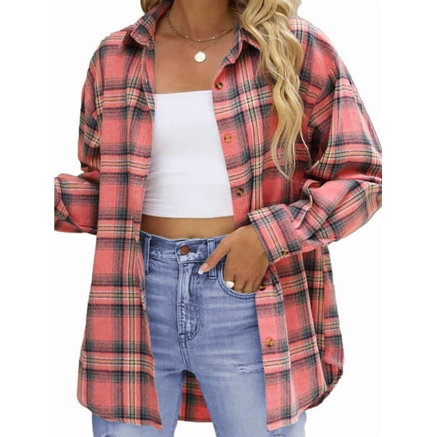 Camisas de Franela A Cuadros para Mujer, Blusas de Larga de Gran Tamaño con Botones, Tops. Rosa L