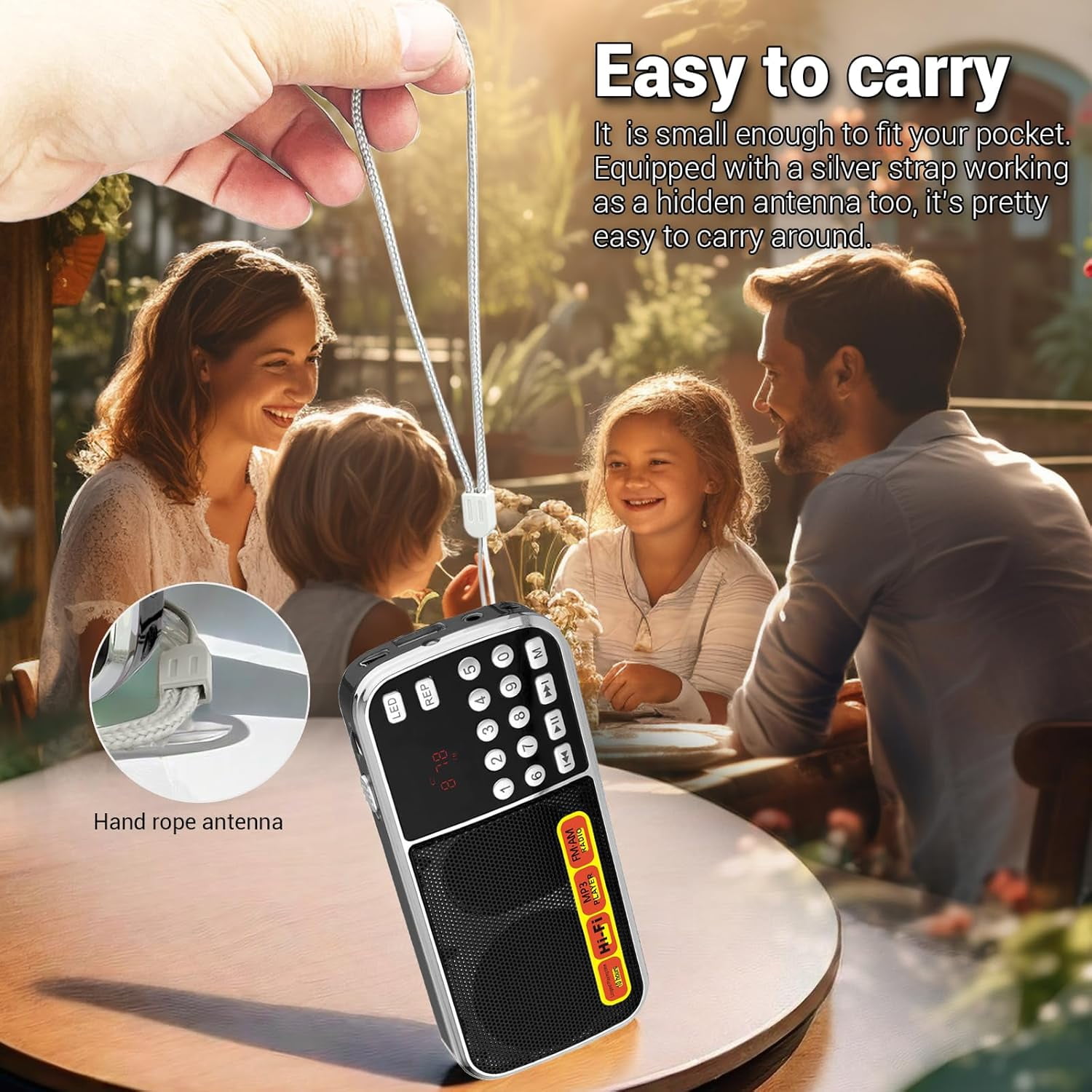 Portable AM/FM Radio with MP3 Player Support, USB/TF Card Playback, Rechargeable Battery, Excellent Reception & Sound Quality, Compact Design with Flashlight for Outdoor Use