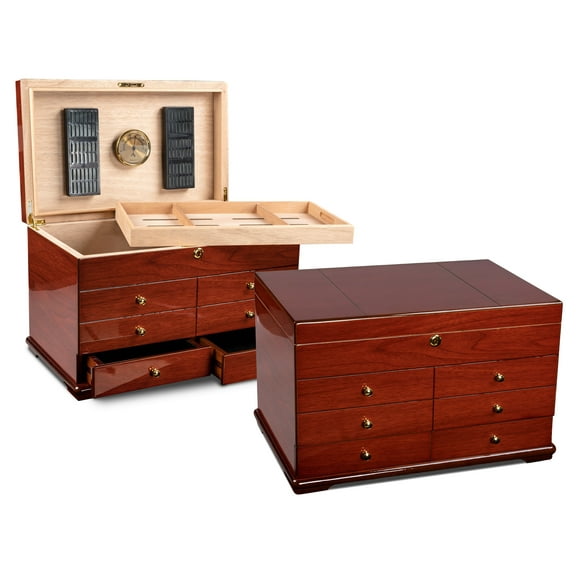 Landmark Desktop Cigar Humidor - High Gloss Cherry Lacquer Finish -Capacity: 300