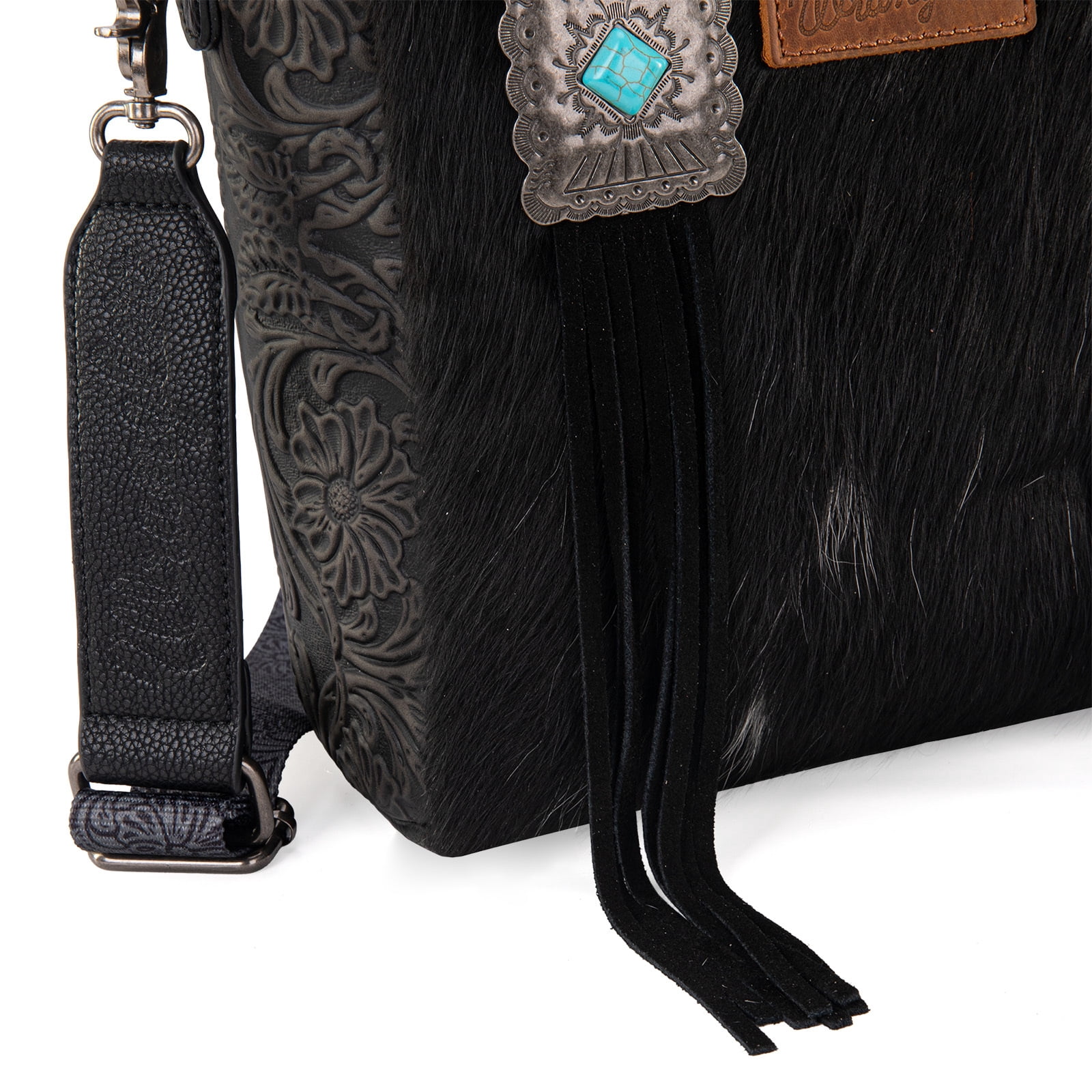 Wrangler Cowhide Tote Bag for Women Western Tooling Handbag Leather Fringing with Turquoise Stone Concho, Cowhide Black