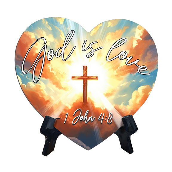 God is love - 1 John 4:8 Heart Table Sign (6 x 5") with Acrylic Stand | Church or Christian Home Bible Verse Decoration