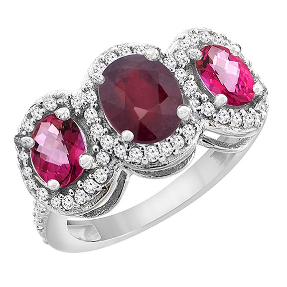 10K White Gold Enhanced Ruby & Natural Pink Topaz 3-Stone Ring Oval Diamond Accent, size 9