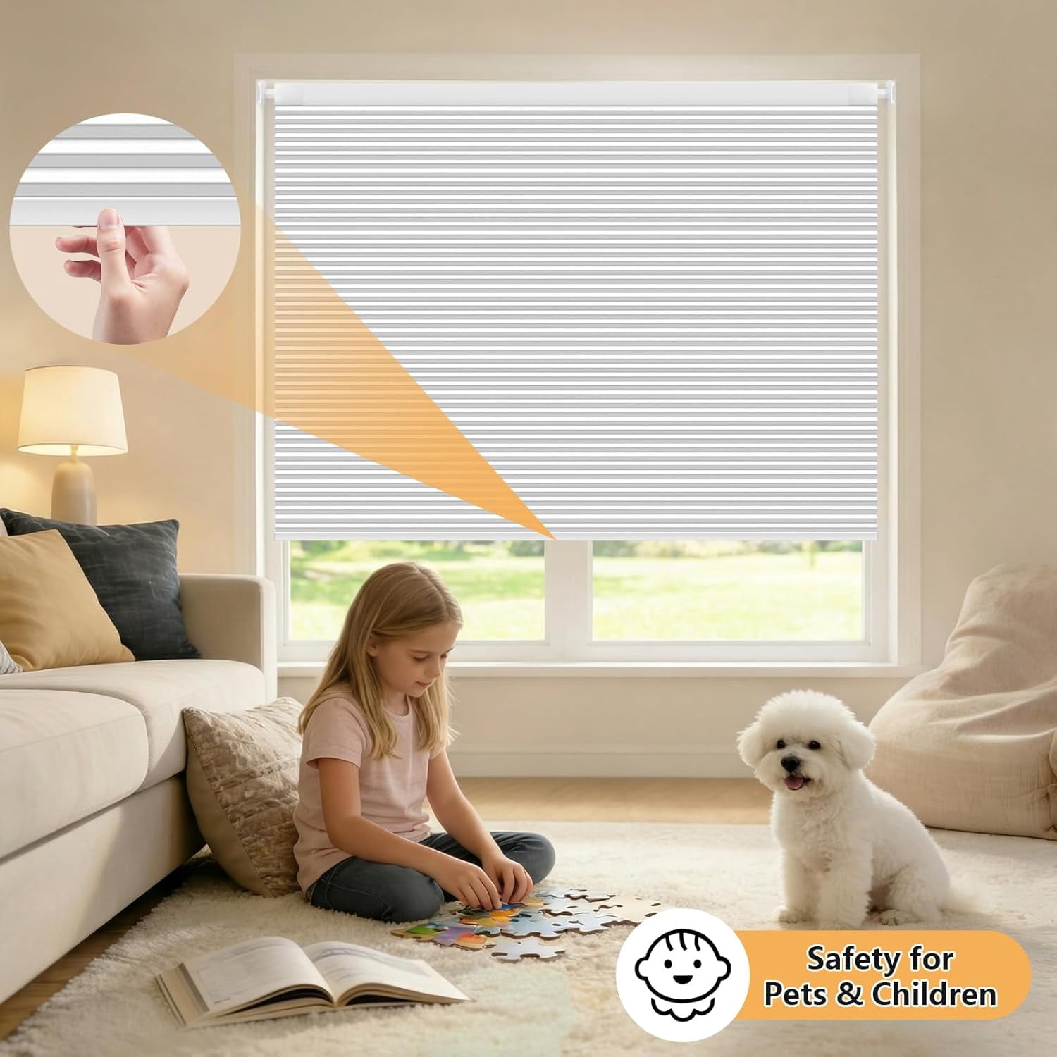 Shade&Beyond No Tools No Drill Blinds for Indoor Windows 20"W x 48"H, Cordless Top Down Bottom Up (TDBU) Blackout Cellular Honeycomb Shade for Window,White