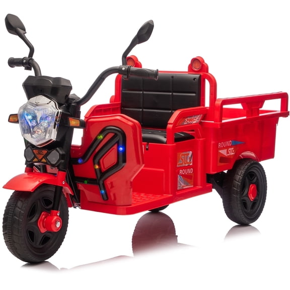 Track Seven 12V Kids Ride on Car, Electric 3-Wheel Cargo Truck with Large Storage Space, LED Lights, Music, Electric Trike Ride on Toy for Kids Aged 3 , Red