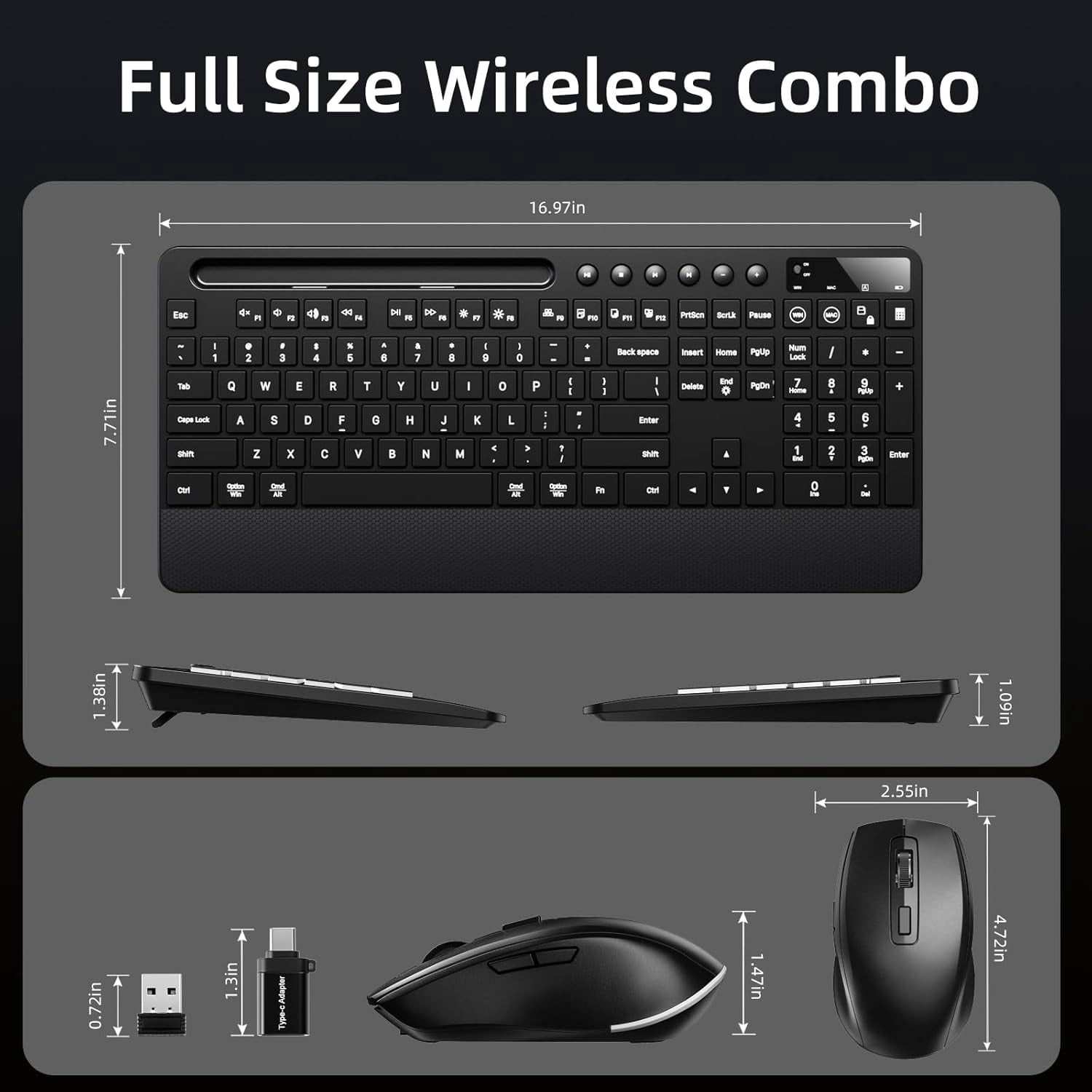 Wireless Keyboard and Mouse Combo 2.4G Full Size Silent/Quiet RGB Backlit Light Up Computer Keyboard & Mouse Combos Set with Phone Holder for Windows Mac PC Laptop