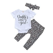 0-18M Daddy Infant Baby Girl Clothes Letter Print Short Sleeve Rompers Tops+Leopard Print Pants Headband Summer 3pcs Set