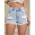 thumbnail image 2 of Plus Size Denim Shorts Women High Waisted Ripped Folded Hem Jean Shorts Light Blue S, 2 of 8