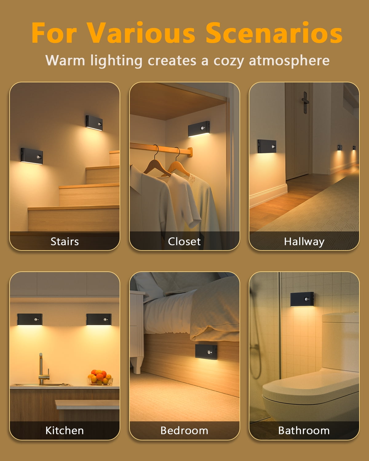 WILLED Stair Lights Indoor, Rechargeable Motion Sensor Night Lights, Battery Operated, Warm White, Wireless Stick on Light for Hallway Entry Stairs Bathroom Kitchen Garage Laundry, 6 Pack