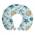 thumbnail image 1 of Nautical Travel Pillow Neck Rest, Marine Sea Striped Background with Anchor Wheel Starfish Seashell, Memory Foam Traveling Accessory Airplane and Car, 12", Blue and Apricot, by Ambesonne, 1 of 2