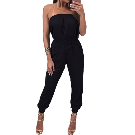 WSEVYPO Women's Strapless Bandeau Cold Shoulder Jumpsuit Black Tube Top Romper
