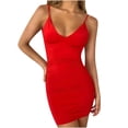 thumbnail image 1 of Fridja Womens Solid Color V-neck Tight Fitting Camisole Party Club Dress, 1 of 5