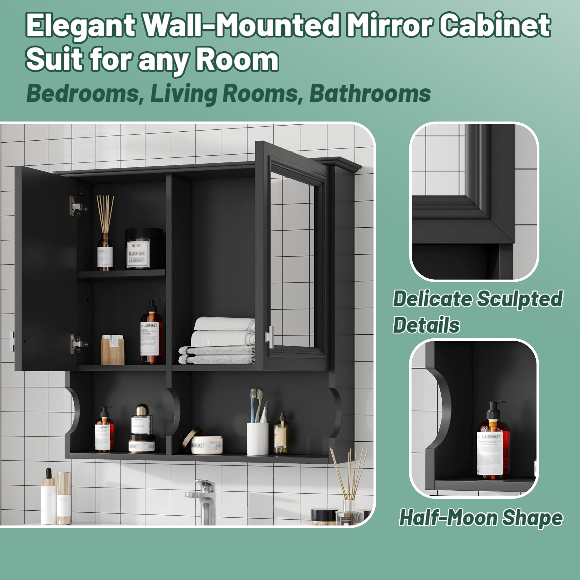 Euroco 30 Inch Mirror Medicine Cabinet with Open Shelves, Wall Mounted Home Storage with Doors & Mirror, Adjustable Shelf, Bathroom Storage Cabinet over Toilet