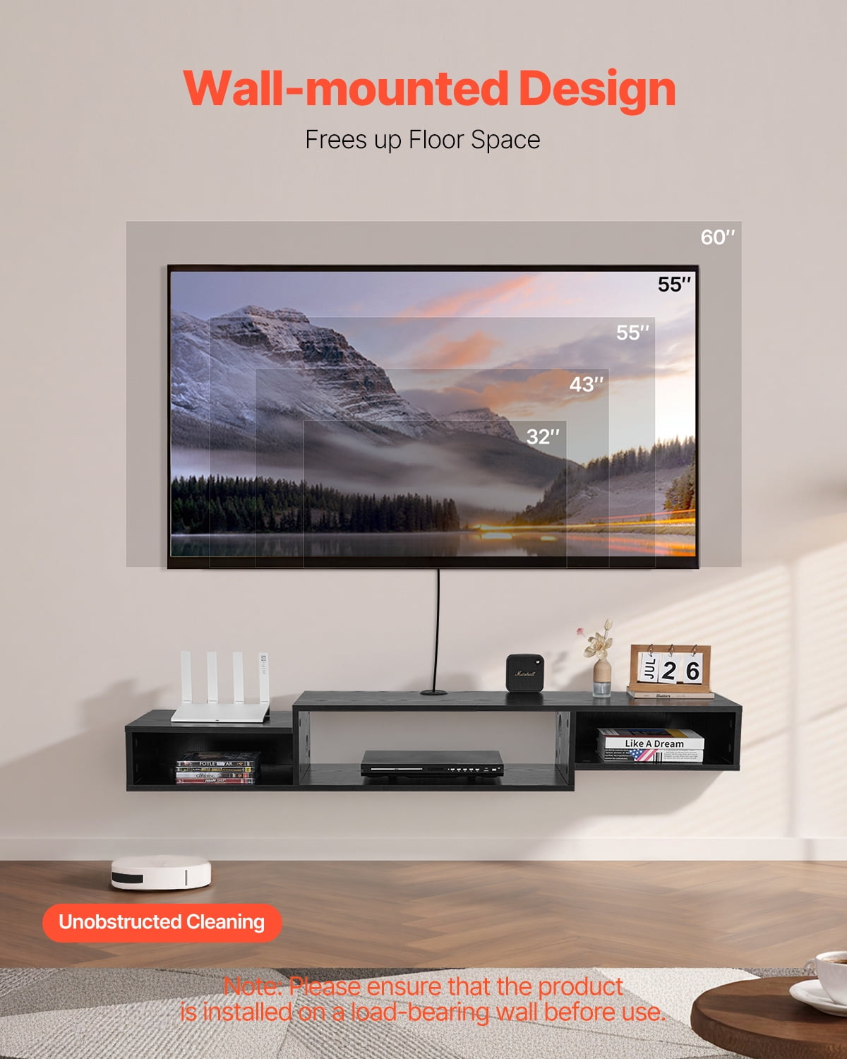 VEVOR Floating TV Stand, 59" Wall Mount Entertainment Center with Power Outlet & Cable Hole, Modern Floating TV Shelf with Storage Cabinet for DVD Player, Cable Box, Game Console,TV Accessory,Black