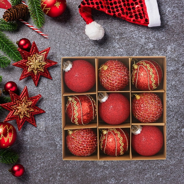Meitianfacai 8cm Noël Balls 9 Pcs Ensemble Noël Balls Sequins Lace Noël Decoration Balls Noël Gift Balls Noël Tree Decoration, Red