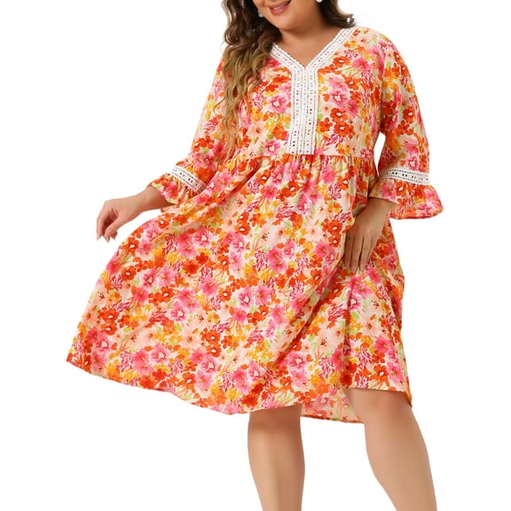 DARING DIVA Plus Size 3/4 Sleeve Lace Hollow Ruffle Midi Flare Dress 1X Orange