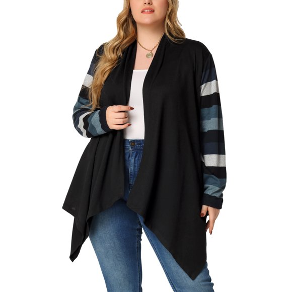 GRACE & GRANDEUR Cardigan en tricot à manches longues à rayures pour femmes grande taille 2X Noir