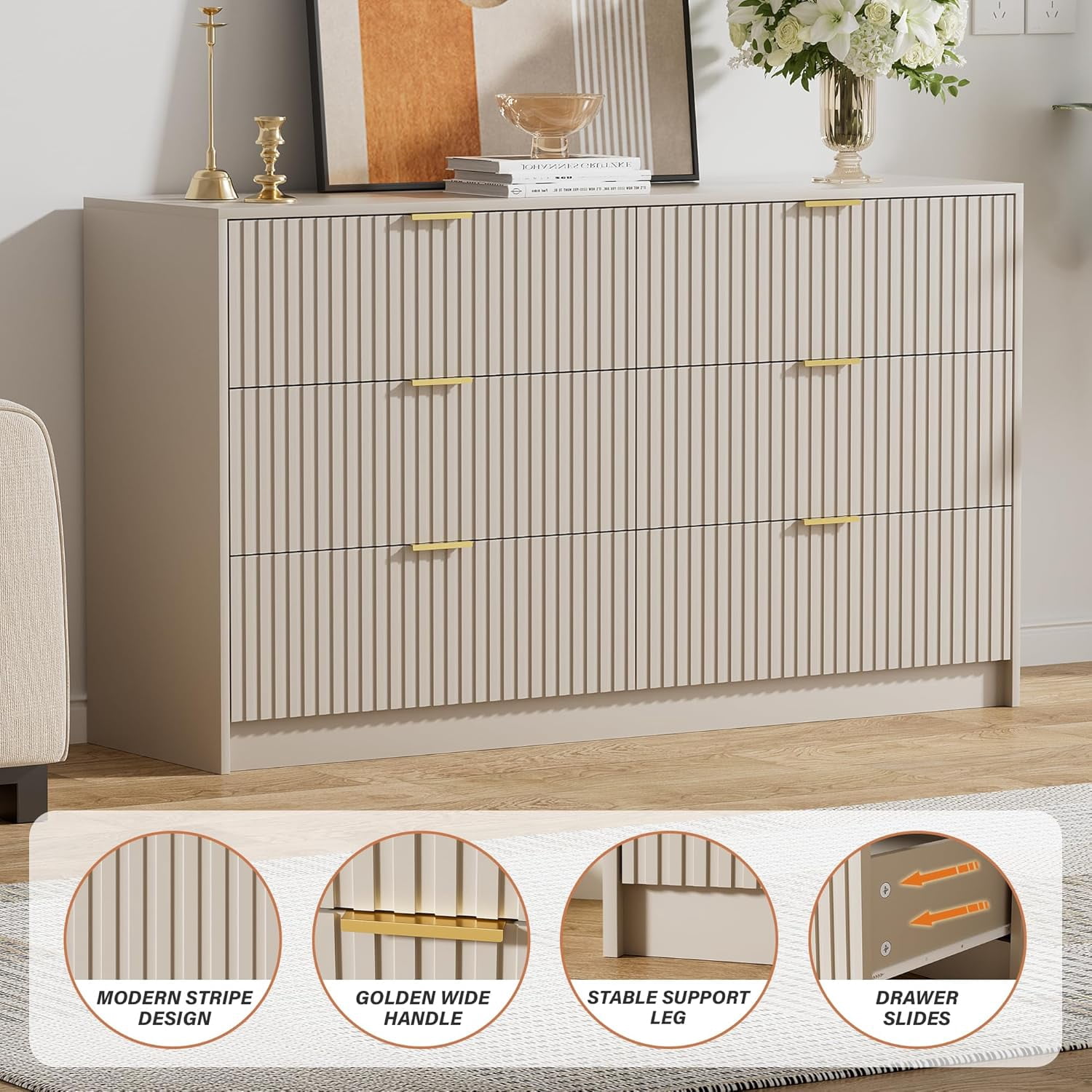 FURNIWAY Beige 6 Drawer Dresser for Bedroom, 55 Inch Wide Modern Chest of Drawers with Fluted Wood Front and Gold Metal Handles for Living Room Hallway