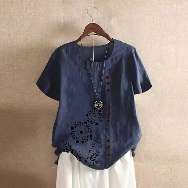 Fiudx Ofertas Del Día Blusa Superior de Camiseta de Manga Corta con Cuello Redondo y Botones Informales con Estampado de Moda para Mujer