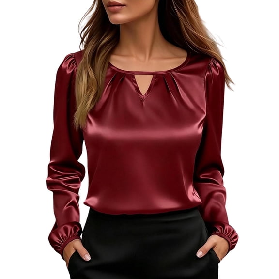 NominalSnug Satin Blouses for Women Dressy Casual Long Sleeve Shirts Crewneck Keyhole Work Tops