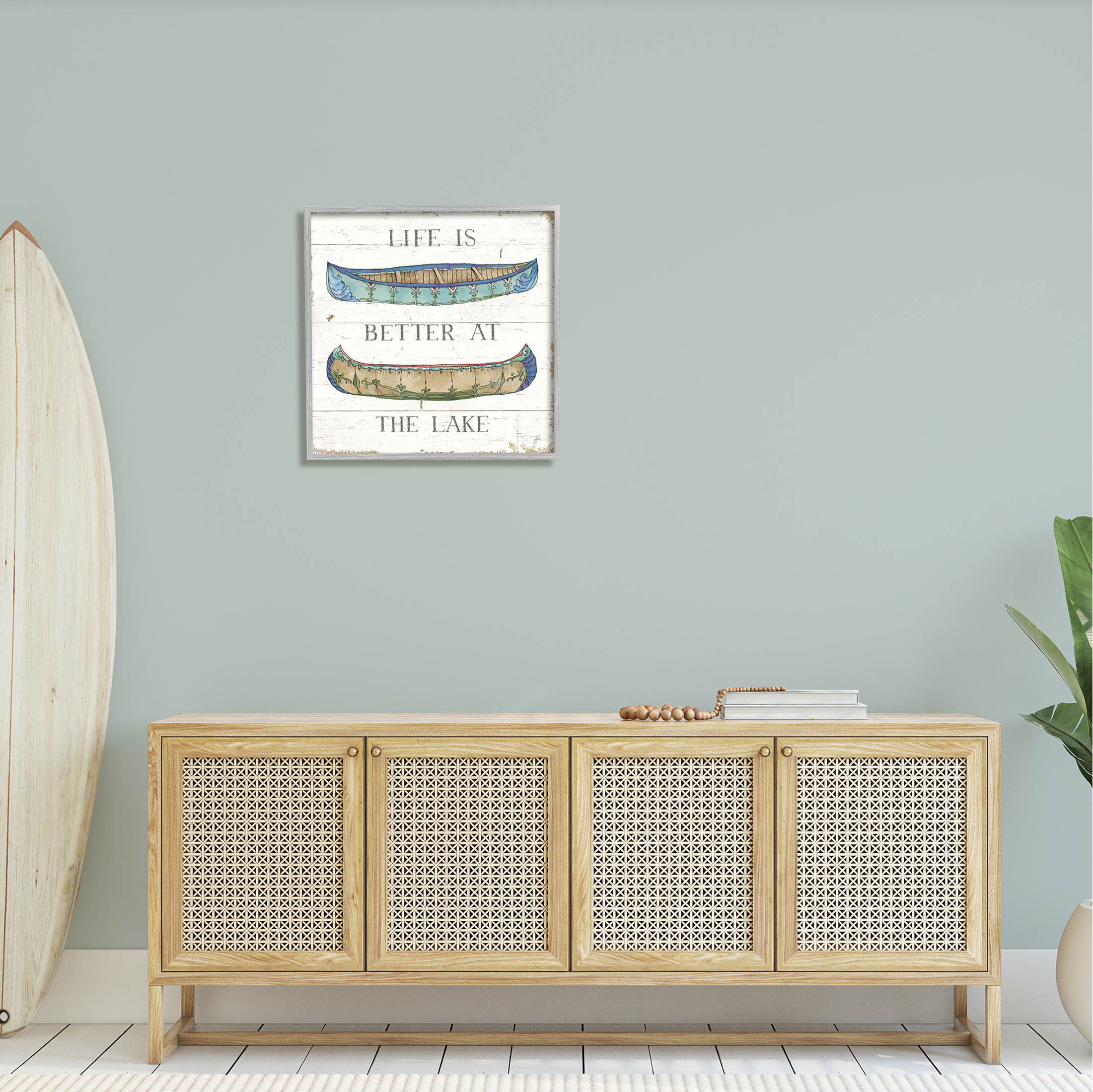 Stupell Industries Life Better at Lake Weathered Canoes Graphic Art Gray Framed Art Print Wall Art, Design by Daphne Brissonnet