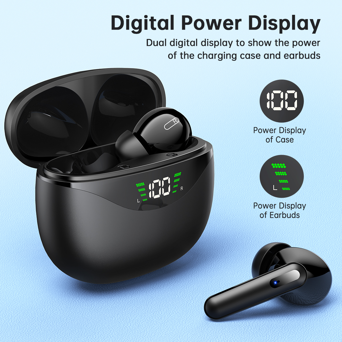 Wireless Earbuds, Bluetooth 5.1 Headphones 30Hrs Playtime with LED Power Display, IPX7 Waterproof Earphones, One-Step Pairing, TWS in Ear Stereo Headset Built-in Mic for iPhone/Android (Black) - image 2 of 7