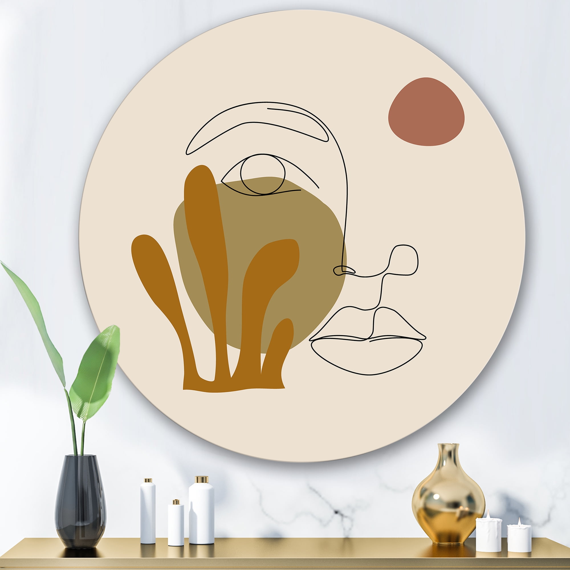 Designart 'One Line Art Portrait of Female In Terracotta Tones' Modern Circle Metal Wall Art 29x29 - Disc of 29