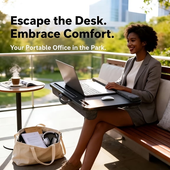 Portable Laptop Desk for Bed & Sofa, Extra Large PU Mouse Pad Gaming Tray with Phone Holder & Wrist Rest, Compatible with Laptop, MacBook, Tablet, Black & Pink