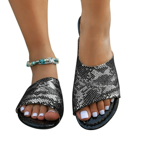 

Lovskoo 2024 Women s Slippers Summer Open Toe Flat Bottomed Snake Patterned Flip Flop Exposed Oe Beach Sandals Black