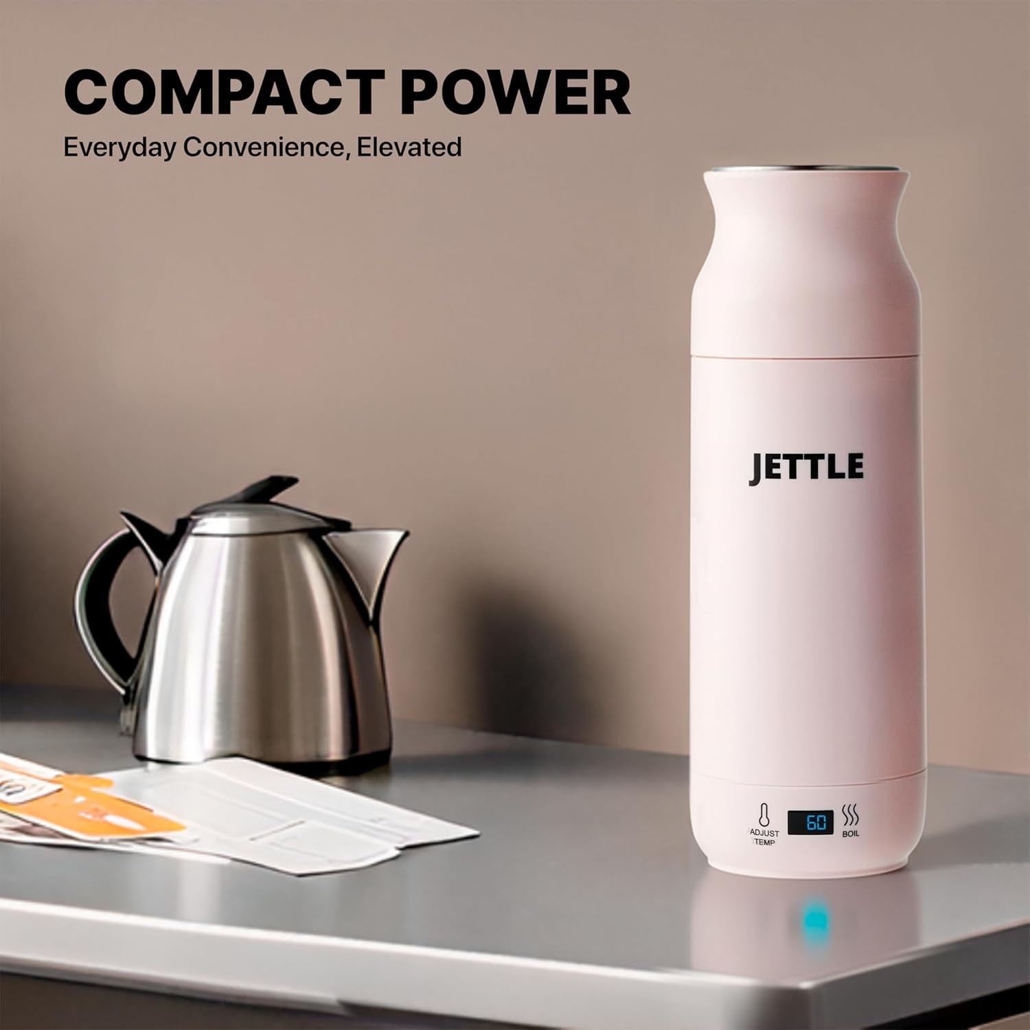 Jettle Travel Electric Kettle - 450ml Bottle-Style Top-Fill No-Spout Water Boiler for Tea & Coffee - Temperature Control, LED Display, Auto Shut-Off - Stainless Steel, 110V