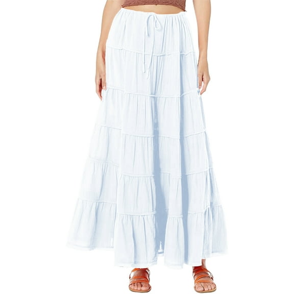 Women'S Summer Casual Elegant Smock Layered Tiered Maxi Skirt High Waisted A Line Flowy Long Skirts White L