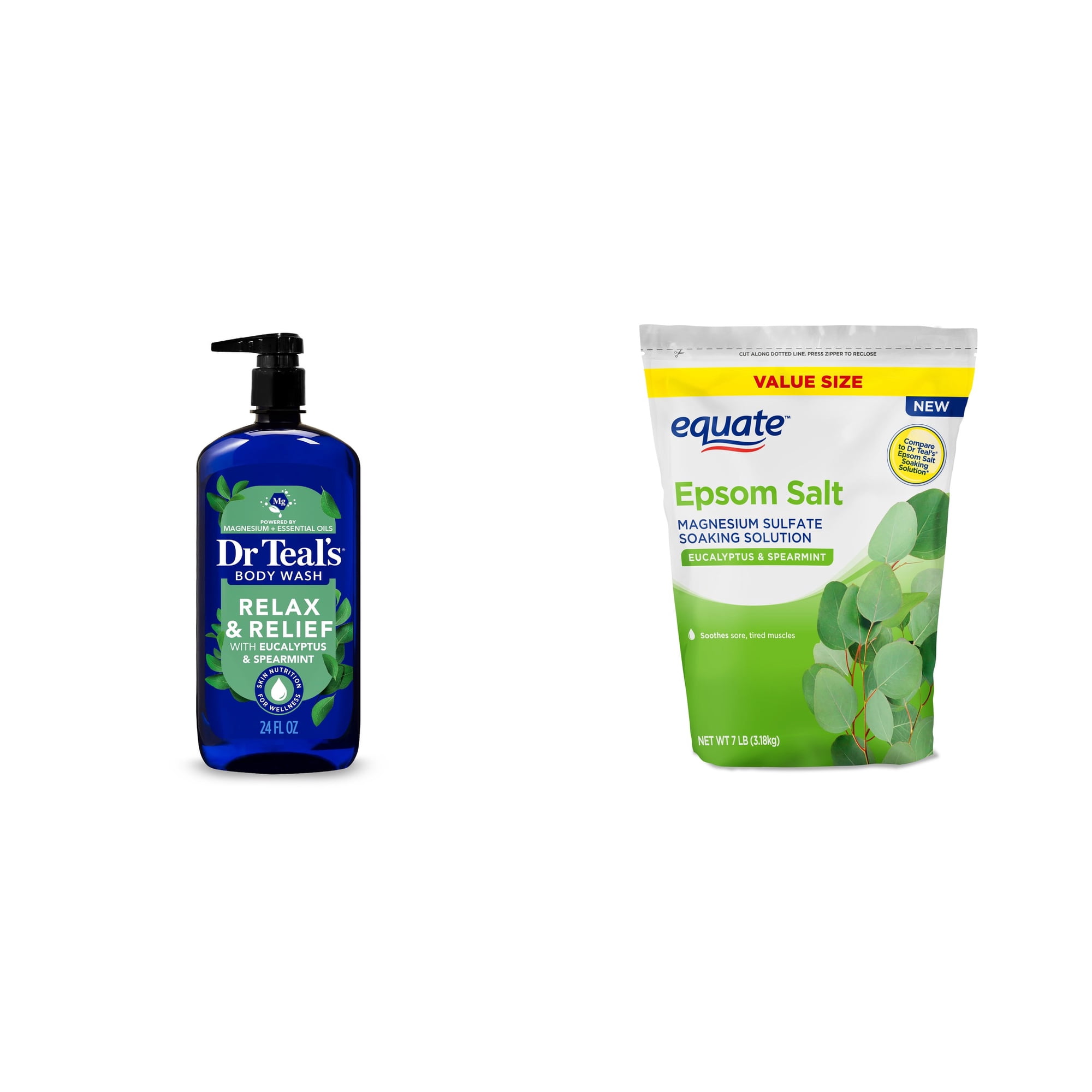 Dr Teal's Relax & Relief Body Wash with Pure Epsom Salt, Eucalyptus & Spearmint Essential Oils & Equate Epsom Salt Soaking Solution, Eucalyptus and Spearmint, 7 lbs Bundle