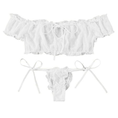 

Knosfe Women Off-Shoulder Bra and Panty Set Sexy Bow Lingerie Set Polka Dot Babydoll L