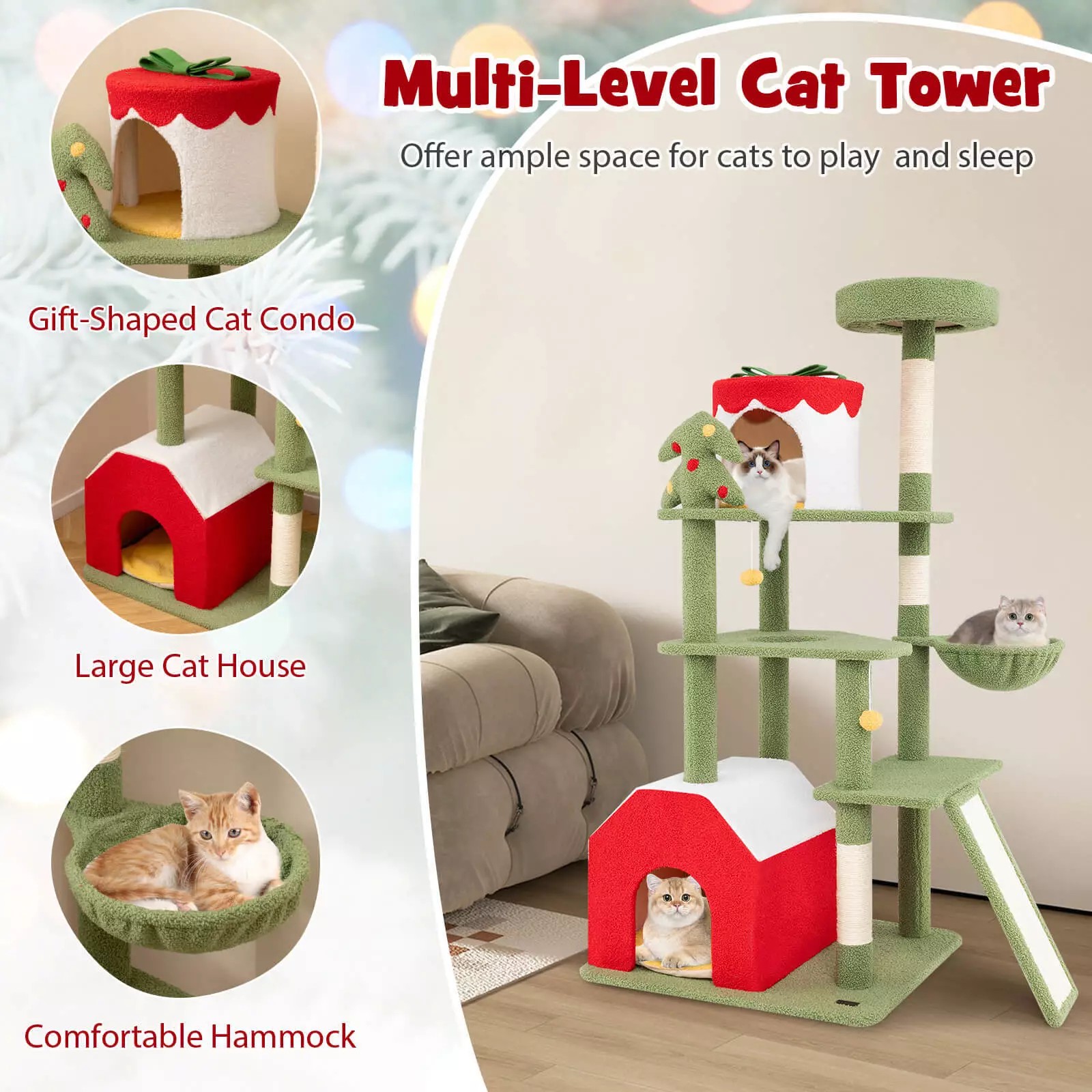 Harmijoy 61" Tall Christmas Cat Tree, Multi-level Cat Furniture w/ Sisal Scratching Posts, Plush Perch & 2 Condos, Basket Bed, Hanging Toys, Comfy Hammock, Festival Theme Cat Tower for Indoor Cat