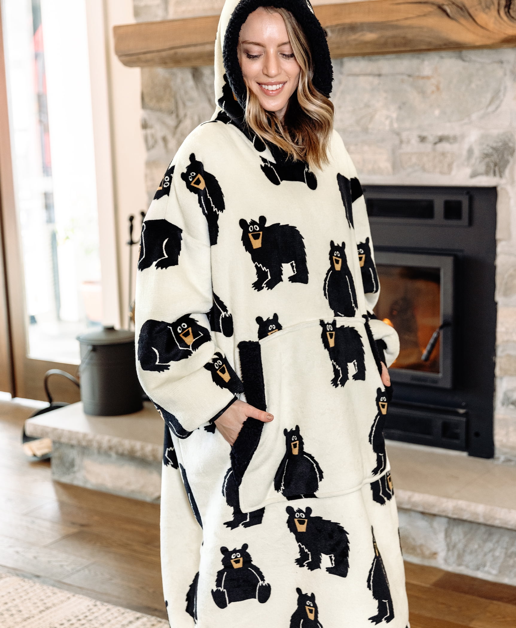 Lazy One Oversized Blanket Hoodie, Comfortable Sleepwear, Oversized Hoodies for Women and Men, One Size Fits All Wearable Blankets (Black Bear)
