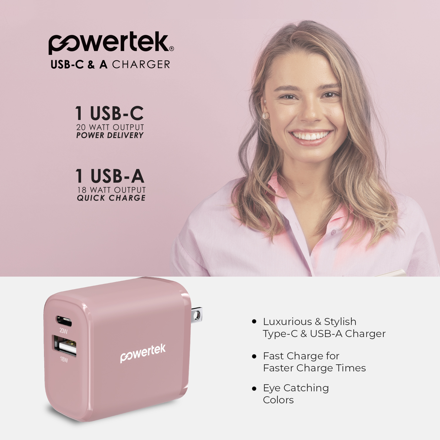 Liquipel Powertek 20W A/C Combo Wall Charger Woven - Pink