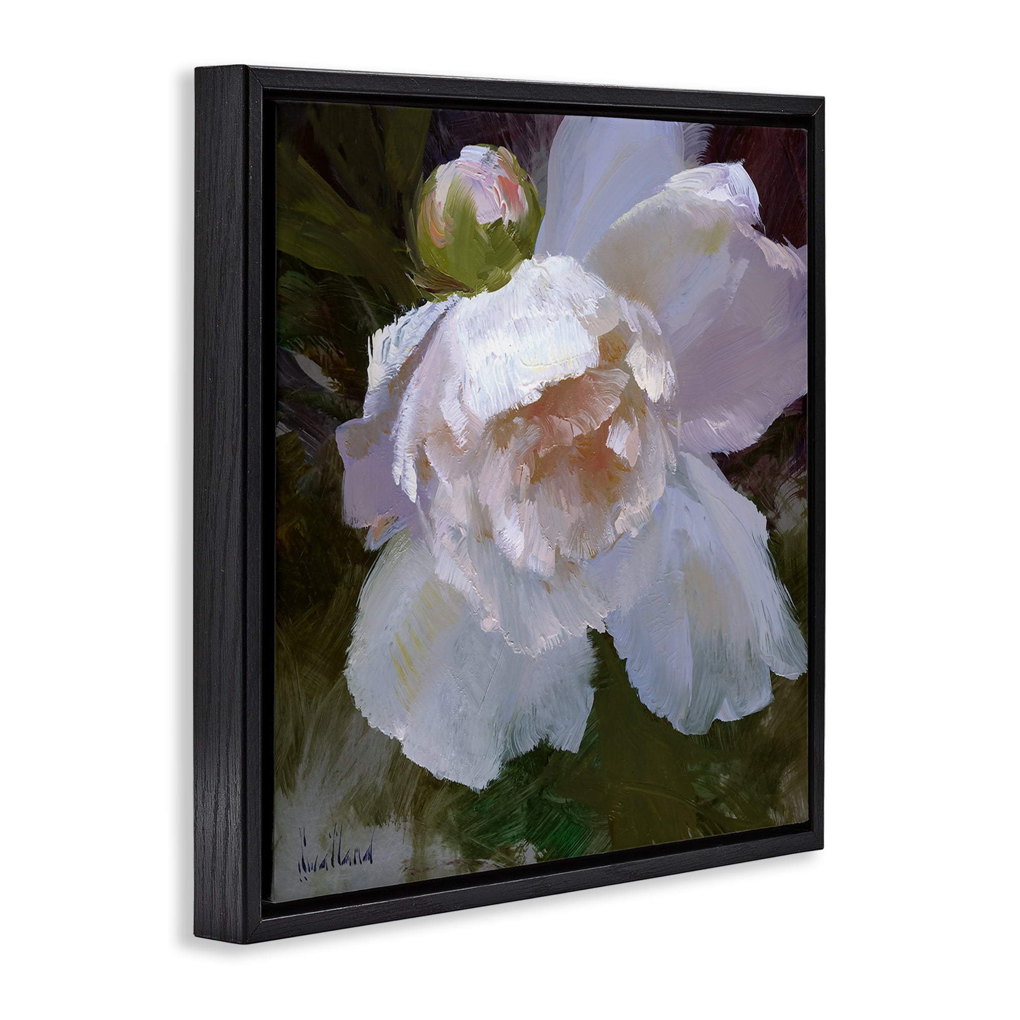 Stupell Industries Ruffled Petals White Flower Plants & Flowers Painting Black Floater Framed Canvas Art Print Wall Art, 25 x 25