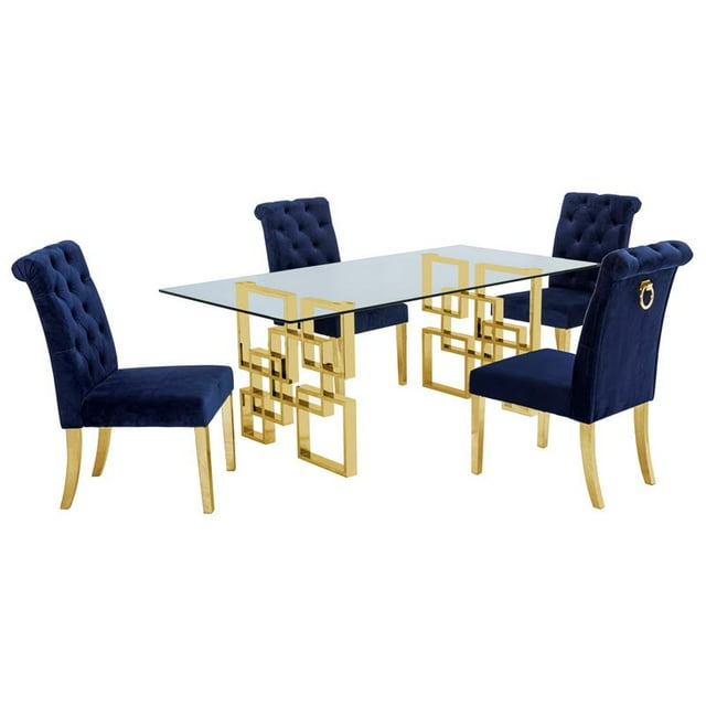 Ensemble de Salle à Manger Rectangulaire en Verre Transparent 5pc avec Base en Acier Inoxydable Doré