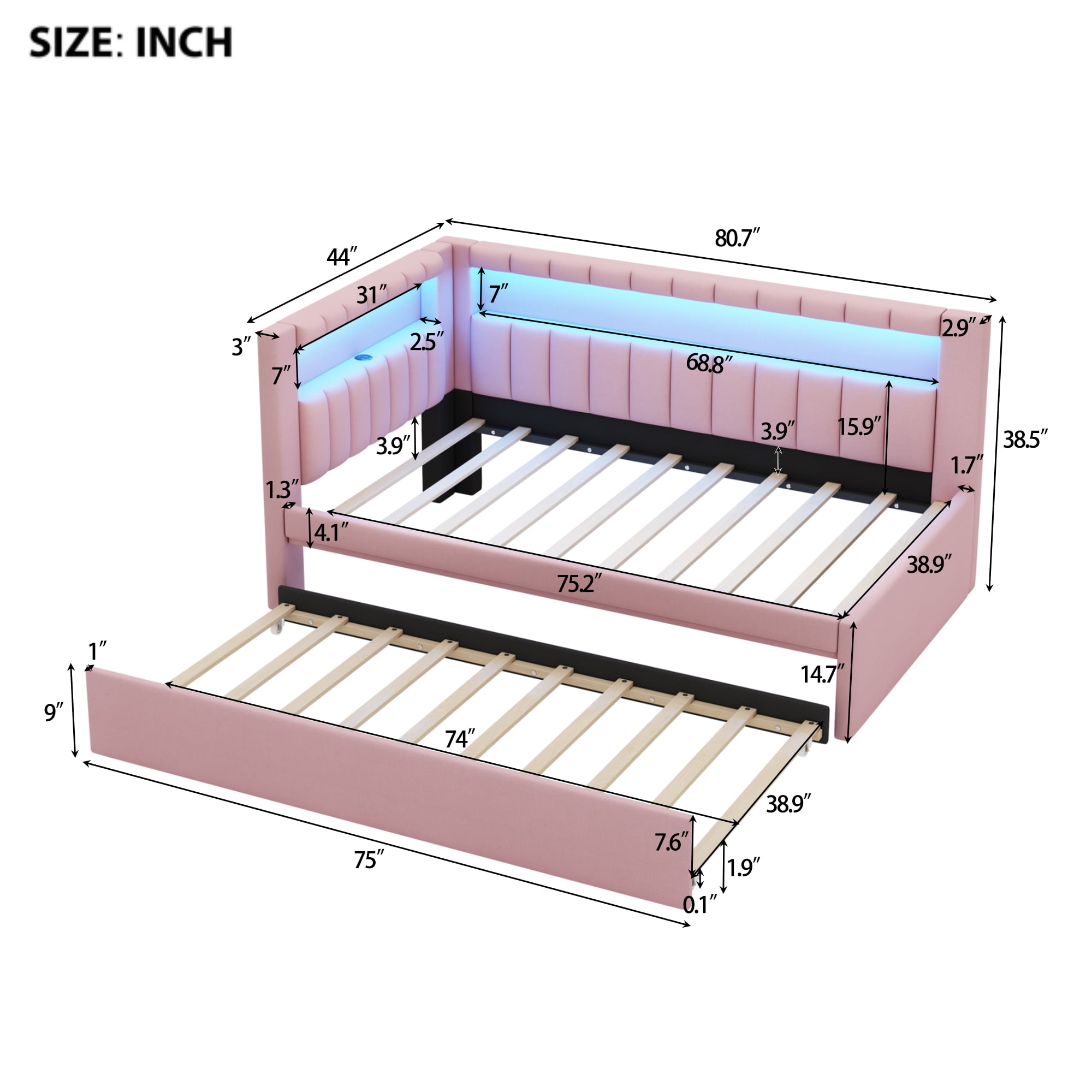 Homy Casa Upholstered Twin Platform Bed with LED Lights and USB Charging Station with Pull Out Trundle for Kids Teens, and Guest Room, Pink