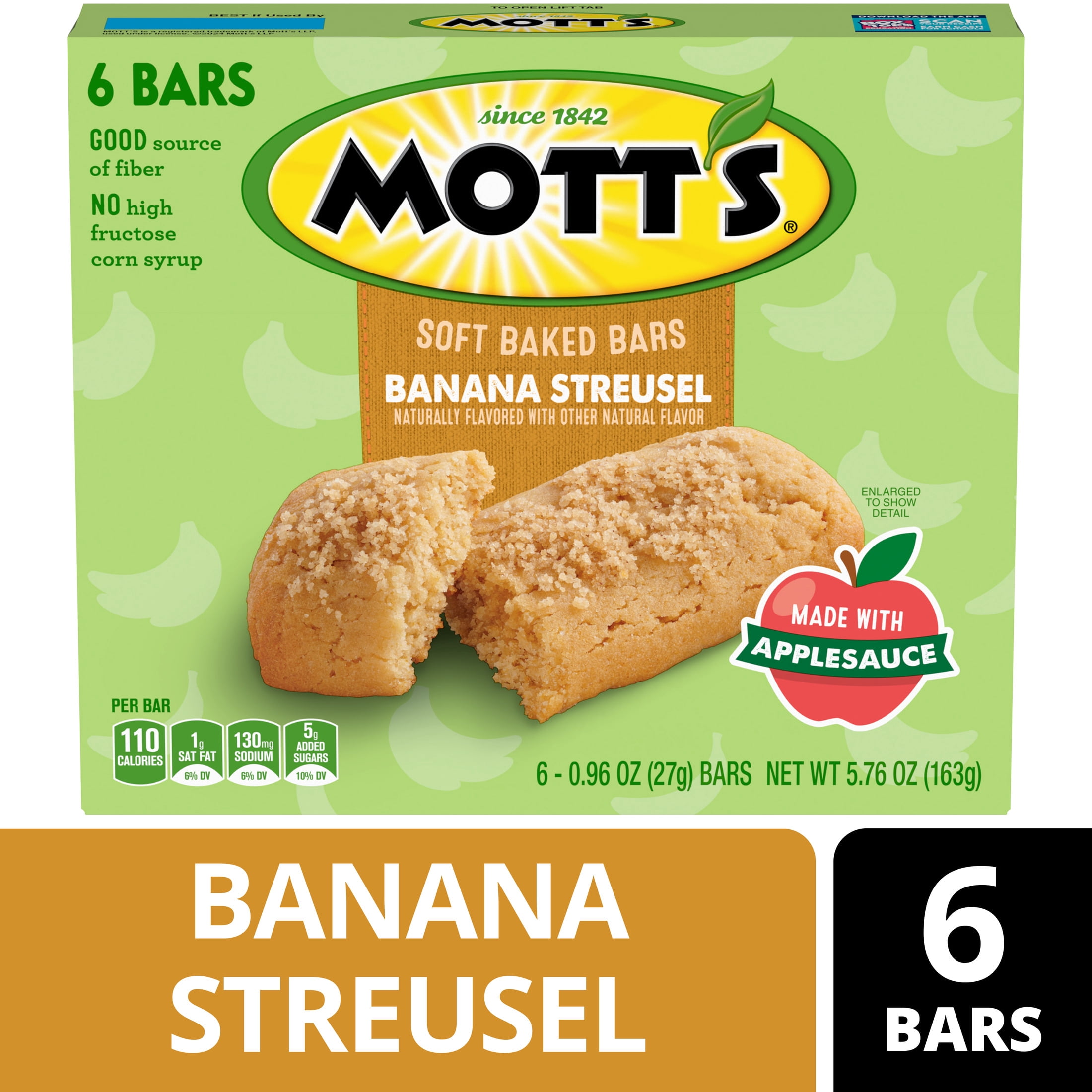 (8 pack) Mott's Soft Baked Bars, Banana Streusel, Made with Applesauce, 6 Count, 5.76 oz
