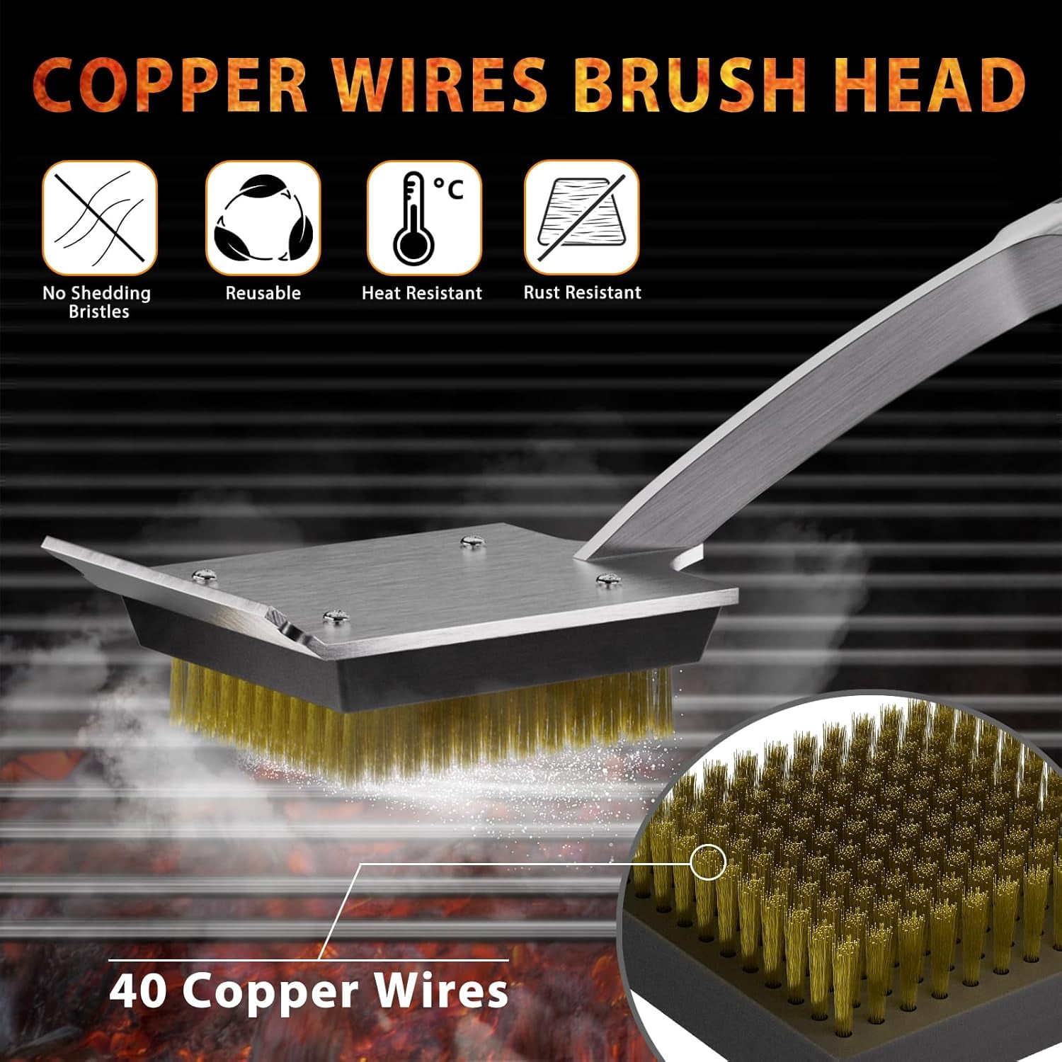 Grill Brush and Scraper for Barbecue, 17" Outdoor Grill, Extended Rosewood Handle 2 Replaceable Copper Wire Heads, Cleaning Accessories Most