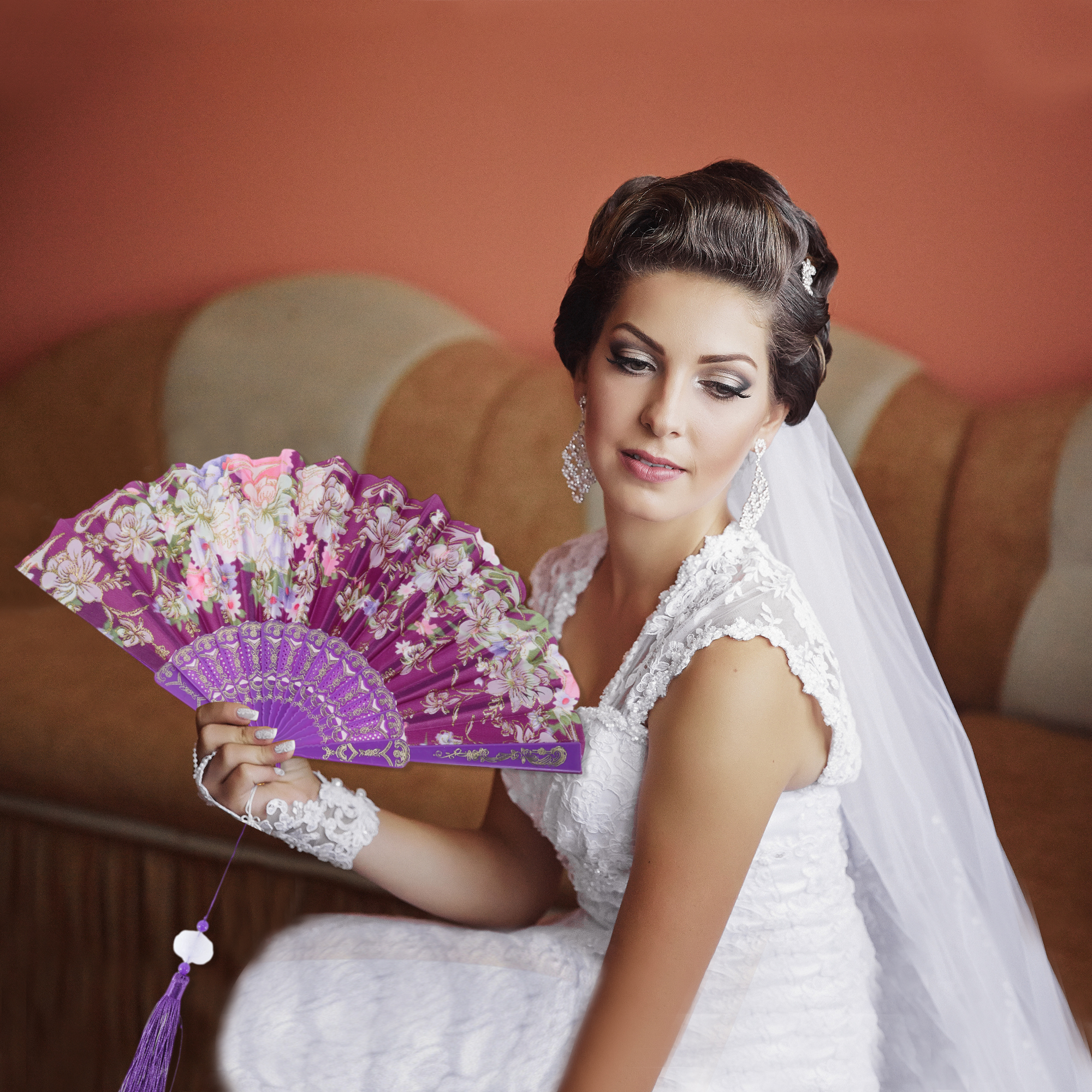 Unique Bargains Floral With Tassel Folding Fan 1Pc Purple