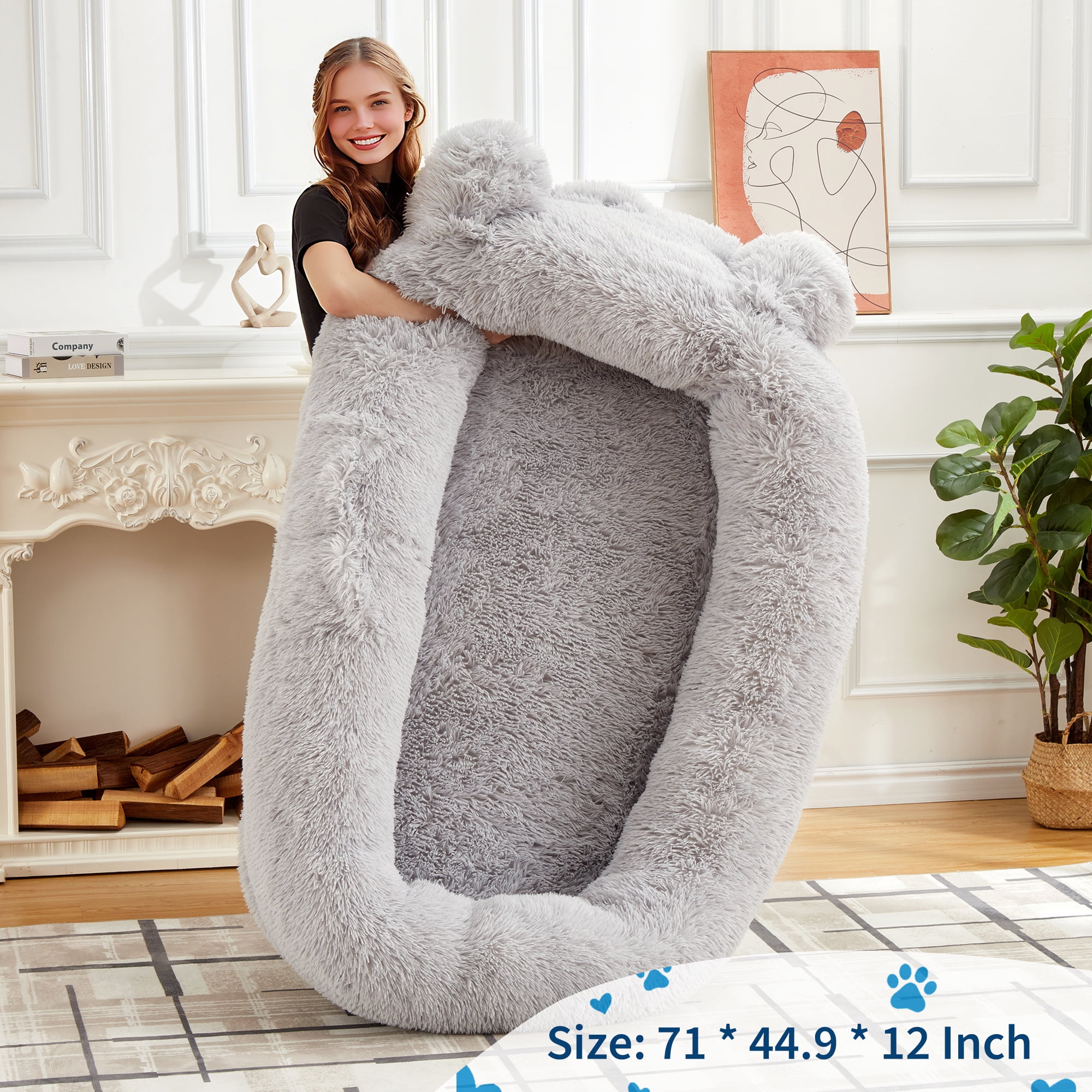 Human Dog Bed for Adults, Human Size Dog Bed Fits You and Pets, Washable Faux Fur Napping Orthopedic Dog Bed with Blanket & 2 Side Pockets, Grey