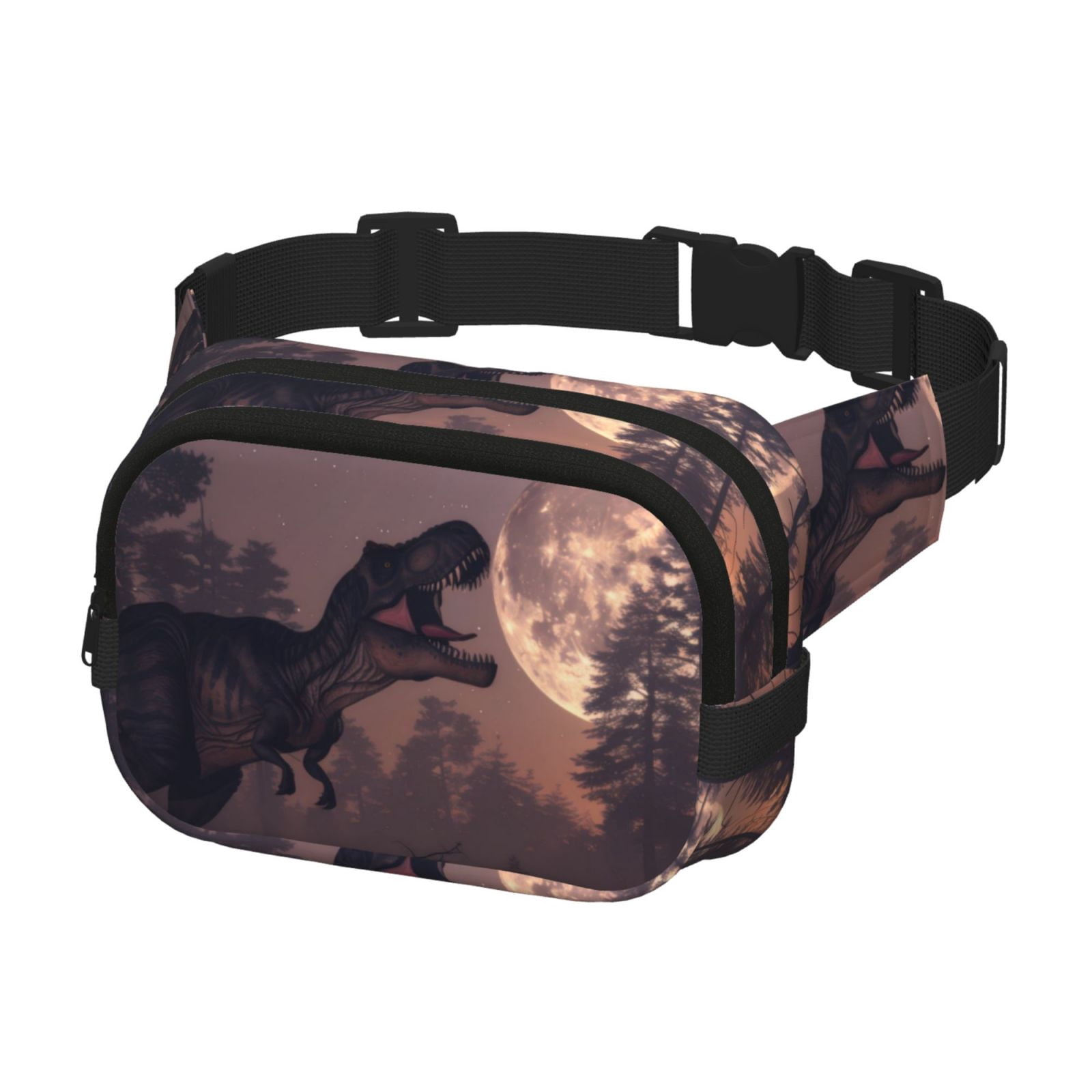 Picia Dinosaur Moonlit Forest Print Square Double-Layer Waist Bag Mini Adjustable Waist Belt Bag Exercise Running Travel Hiking
