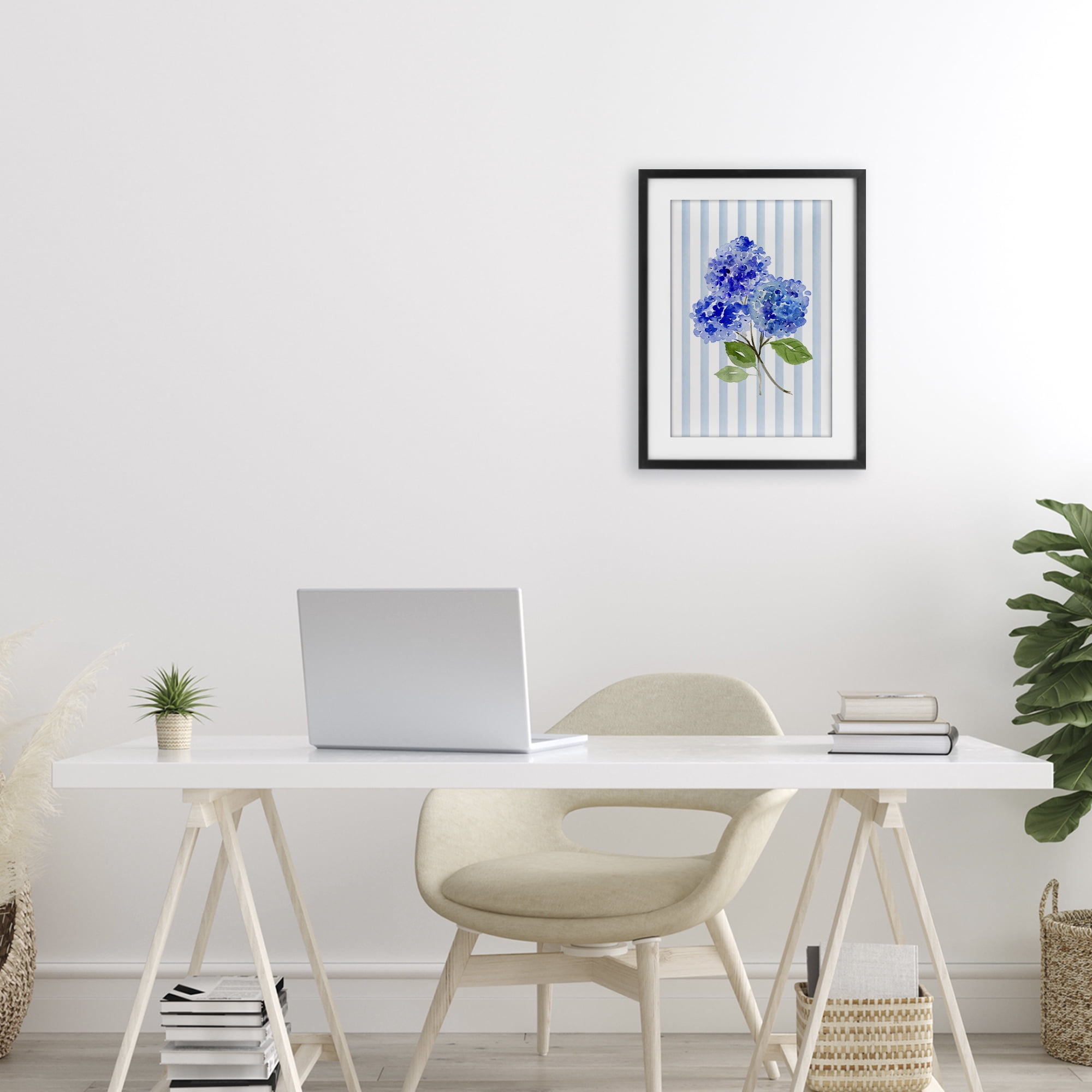 Stupell Industries Blue Hydrangeas over Stripes Black Framed Print Under Glass, design by Corinne Haig