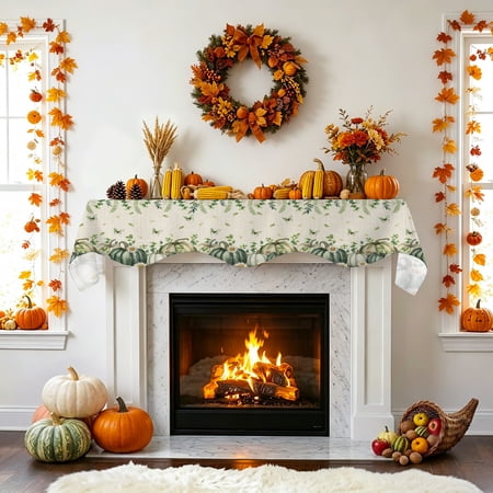 Green Pumpkin Fireplace Mantel Scarf Fall Daisy Flowers Leaf Vintage Linen Mantel Scarf Scarves Fireplace Top Runner Cover for Holiday Party Home Decorations 90x17in