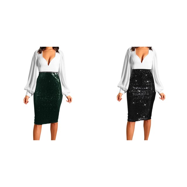(Lot de 2) Rinsvye Jupe à Sequins Couleur Unie Taille Haute Slim Mignonne Jupe Décontractée Mi-Longue Grande Taille