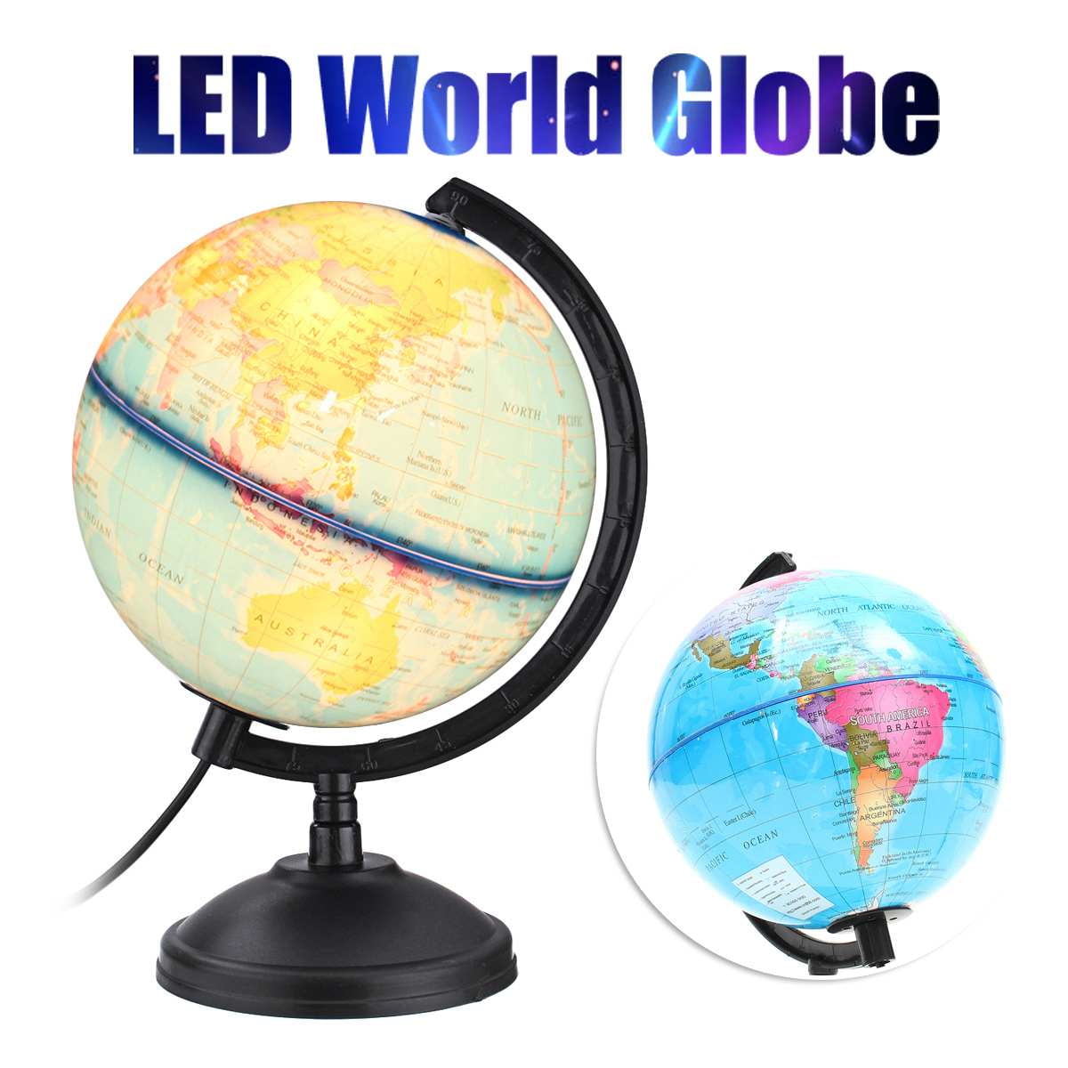 12" Illuminated World Globe Earth Rotating With Night Light Desk Map 