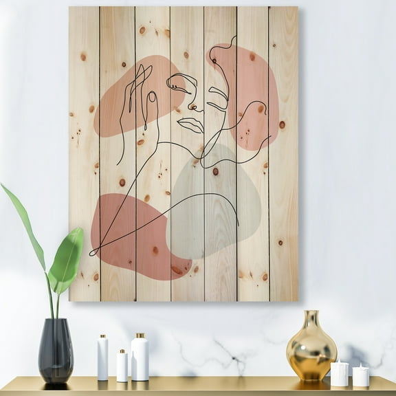 Designart 'Continuous One Line Portrait of Woman' Modern Print on Natural Pine Wood