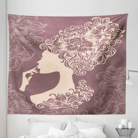Vintage Woman Tapestry, Woman Silhouette with Flowered Hair Style Abstract Beauty Image, Fabric Wall Hanging Decor for Bedroom Living Room Dorm, 5 Sizes, Mauve Taupe and Beige, by Ambesonne