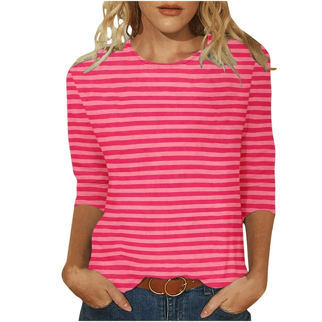 QTOCIO 3/4 Hauts à Manches pour Femmes, Hauts d'Été à Manches 3/4 pour Femmes, T-Shirts de Mode Décontractés Col Rond Manches 3/4 T-Shirt Ample Blouses pour Dames